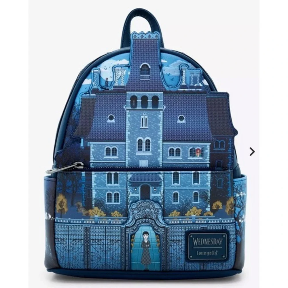 Loungefly Blue Wednesday Nevermore Academy Glows Dark Backpack NWT‎